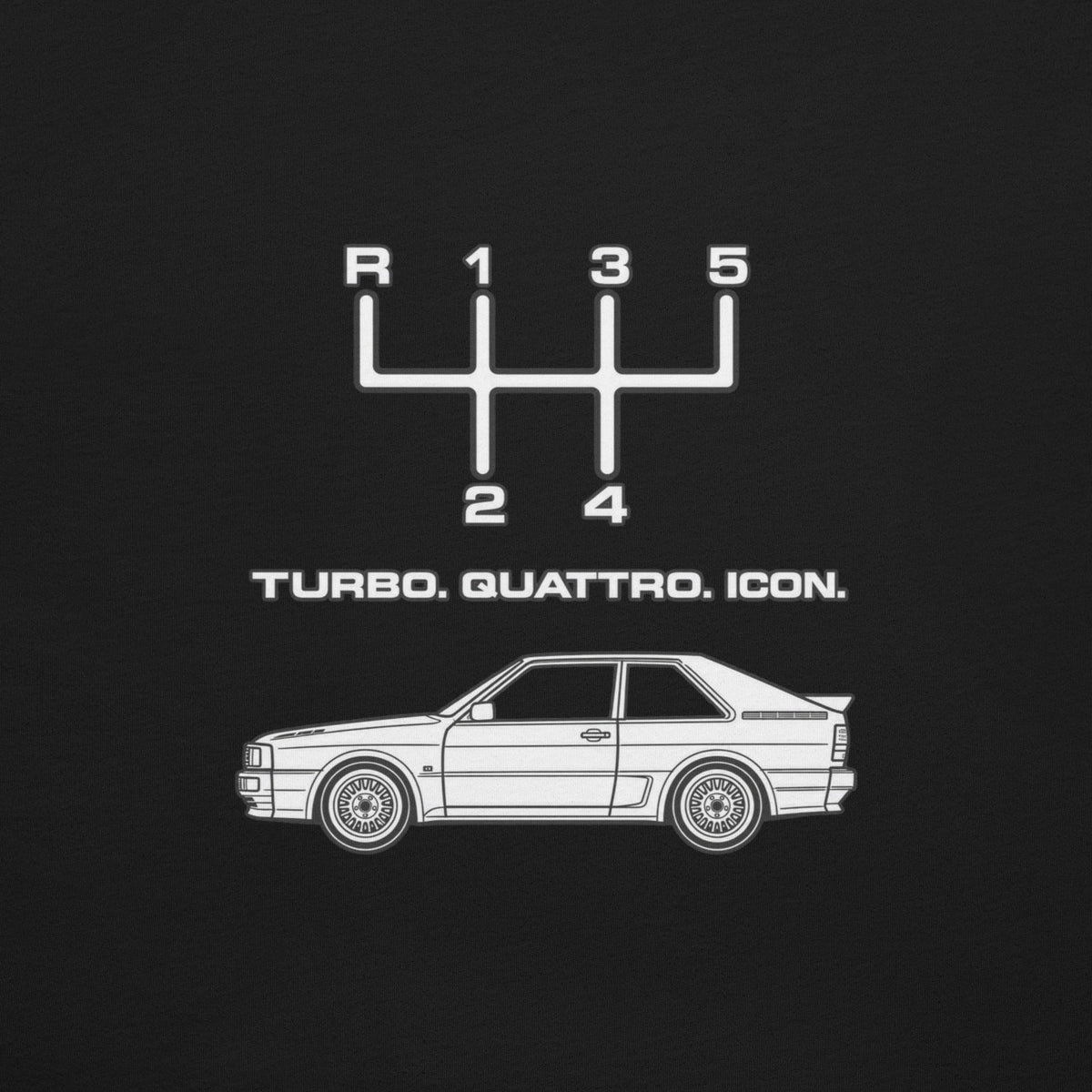 Close-up of Audi Quattro Turbo Icon artwork with five-speed manual shift pattern, Turbo Quattro Icon text, and classic coupe profile