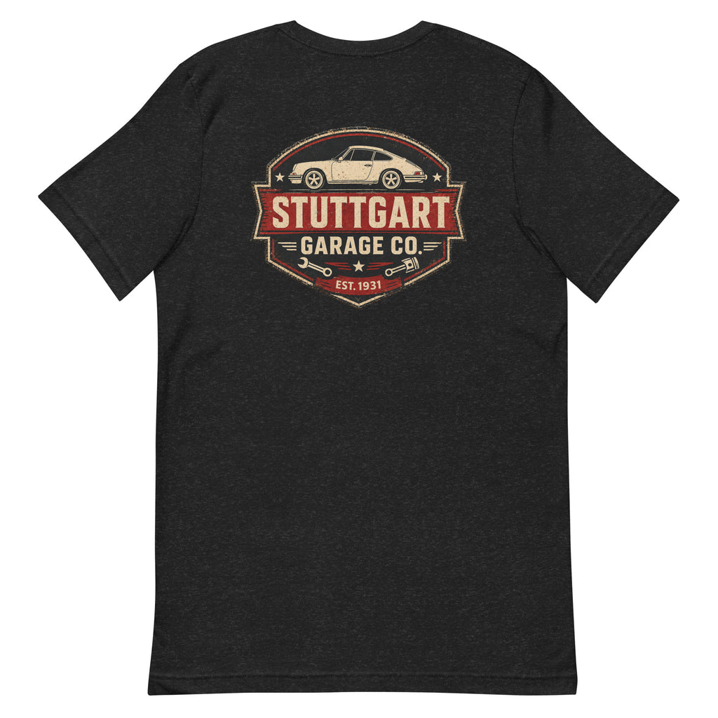 Black Heather Stuttgart Garage Co. T-shirt showing the vintage automotive back print
