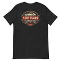 Black Heather Stuttgart Garage Co. T-shirt showing the vintage automotive back print