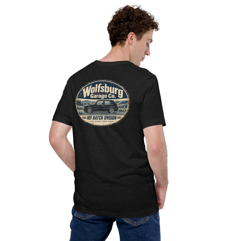 Back view of Black Heather Wolfsburg Garage Co. vintage hot hatch T-shirt showing the oval Hot Hatch Division graphic