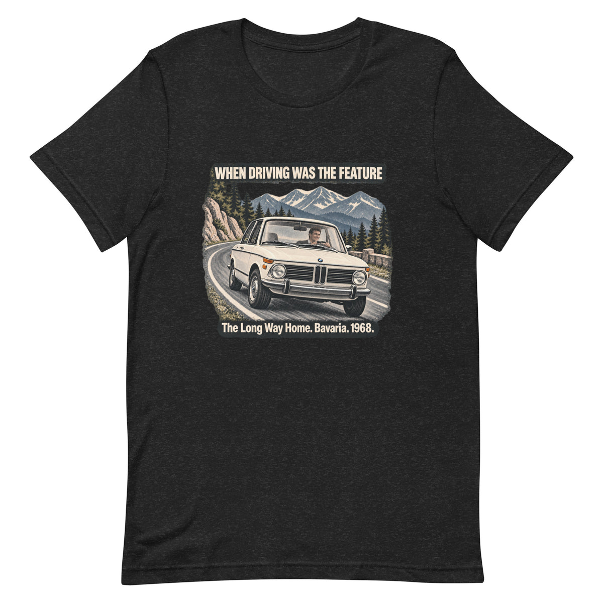 Black Heather BMW 2002 T-shirt with Bavarian mountain road graphic