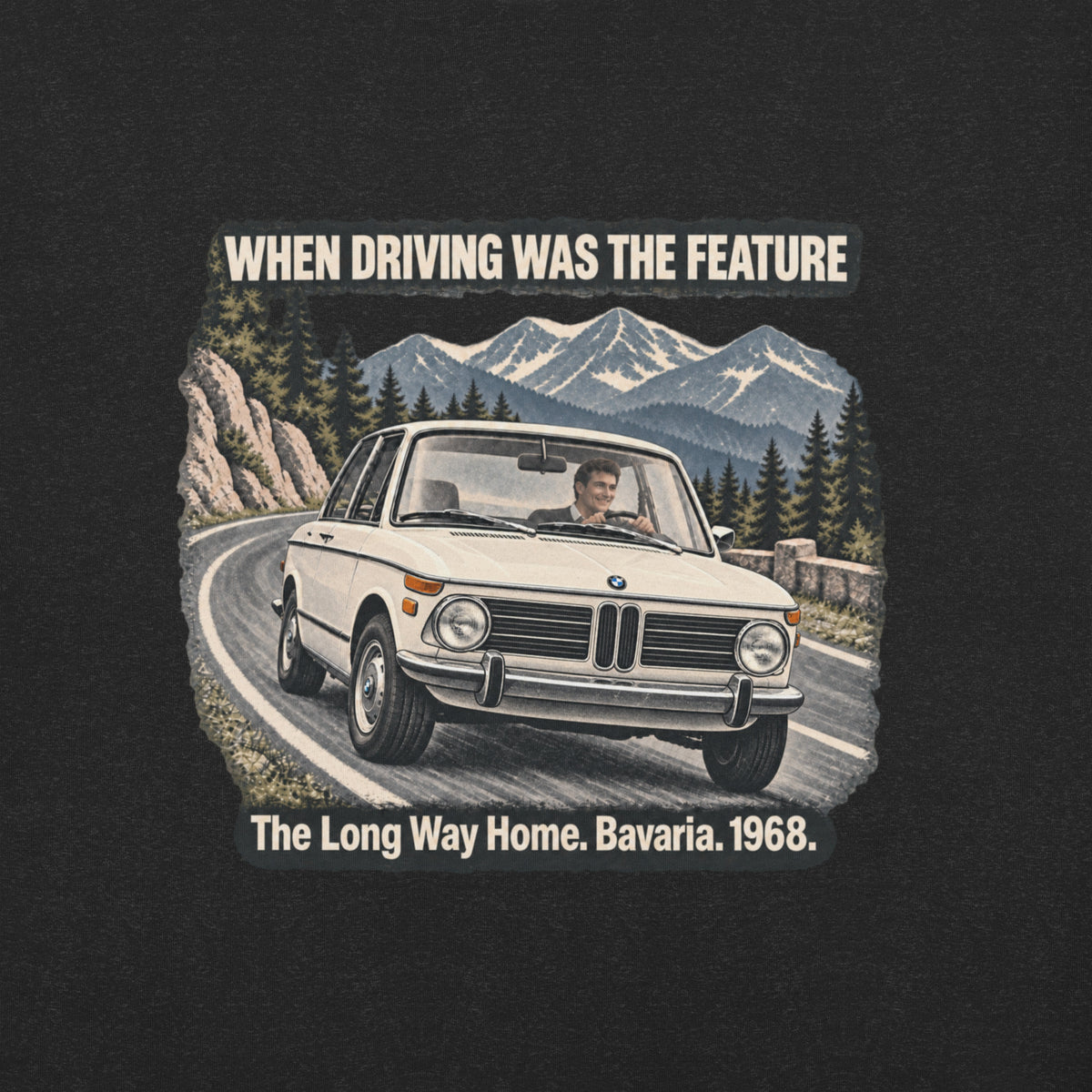 Close-up of BMW 2002 Bavarian road artwork with When Driving Was the Feature text