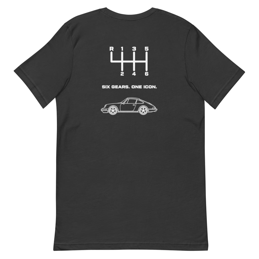 Dark heather Porsche 911 T-shirt with white six-speed shift pattern back design