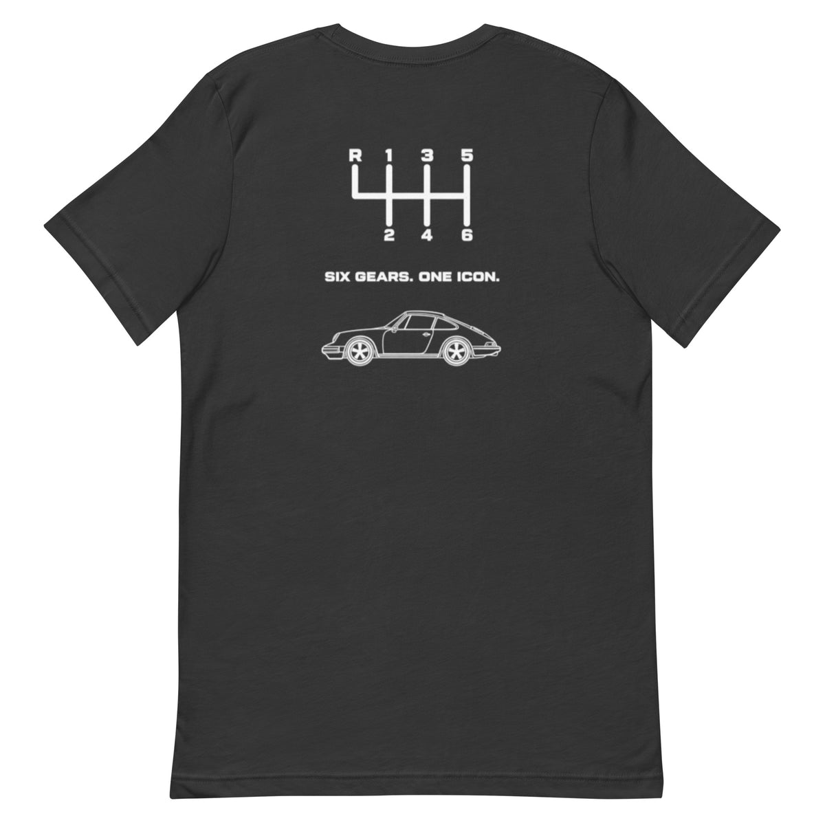 Dark heather Porsche 911 T-shirt with white six-speed shift pattern back design