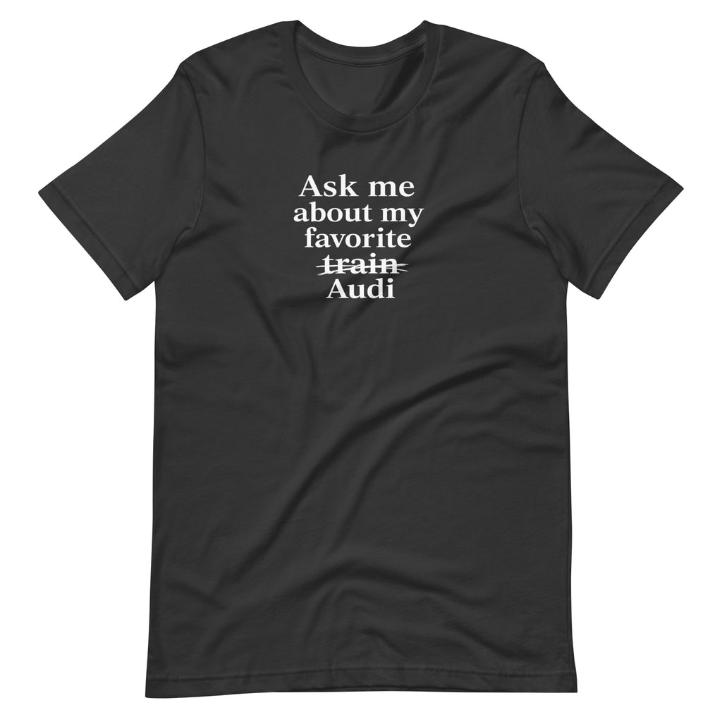 Dark Grey funny Audi T-shirt, front view showing crossed-out train and Audi typography print