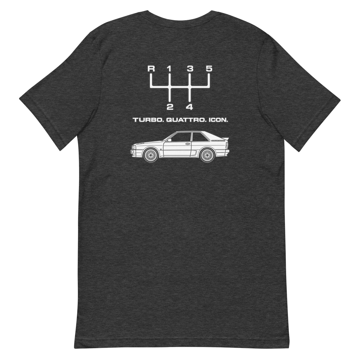 Dark Heather Gray Audi Quattro Turbo Icon T-shirt showing the white rear graphic with five-speed shift pattern and classic coupe