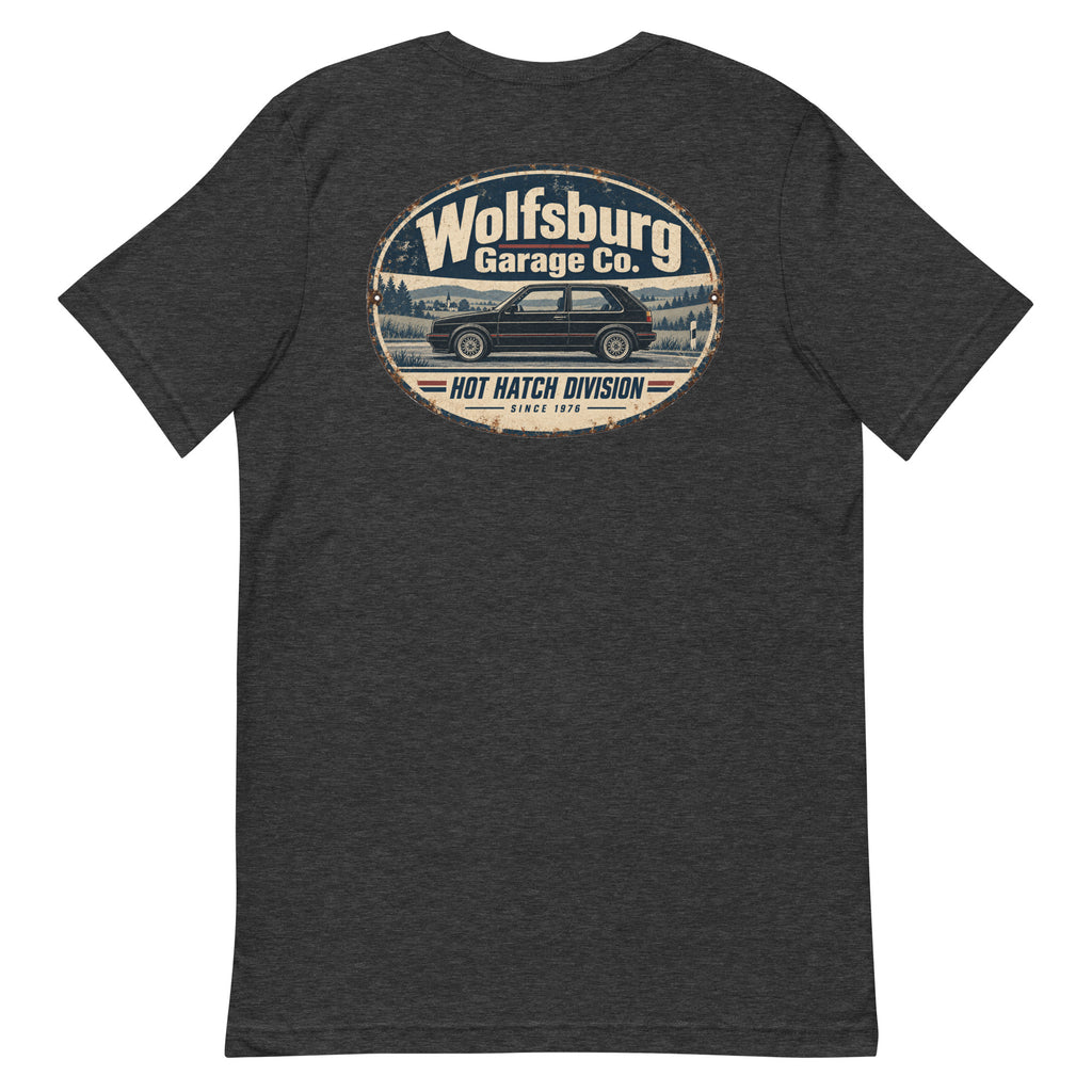 Alternate back mockup of Dark Grey Heather Wolfsburg Garage Co. T-shirt with German hot hatch garage-badge artwork