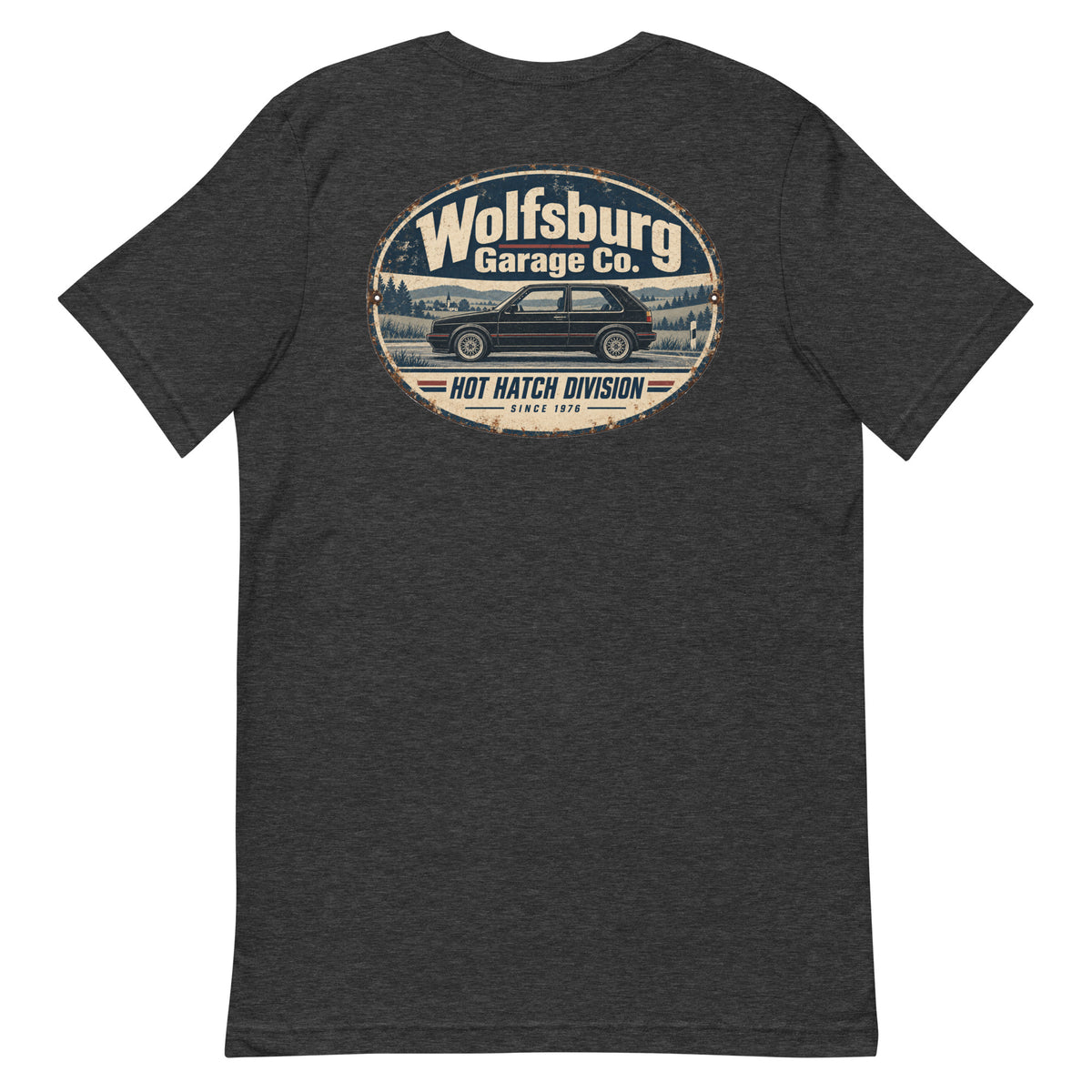 Alternate back mockup of Dark Grey Heather Wolfsburg Garage Co. T-shirt with German hot hatch garage-badge artwork