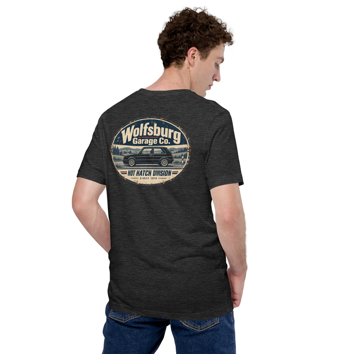 Back view of Dark Grey Heather Wolfsburg Garage Co. vintage hot hatch T-shirt showing the oval Hot Hatch Division graphic