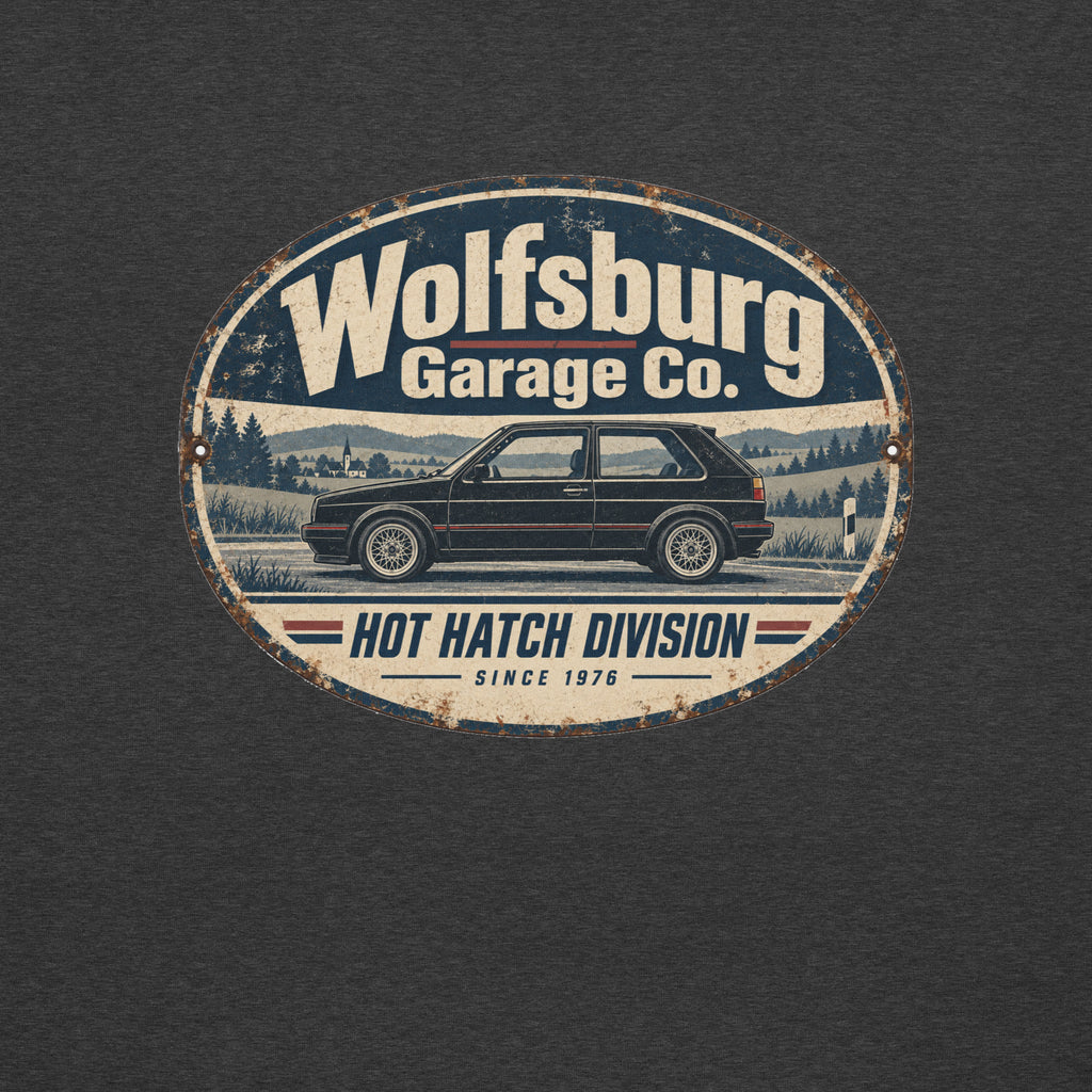Additional back view of Dark Grey Heather Wolfsburg Garage Co. hot hatch graphic T-shirt