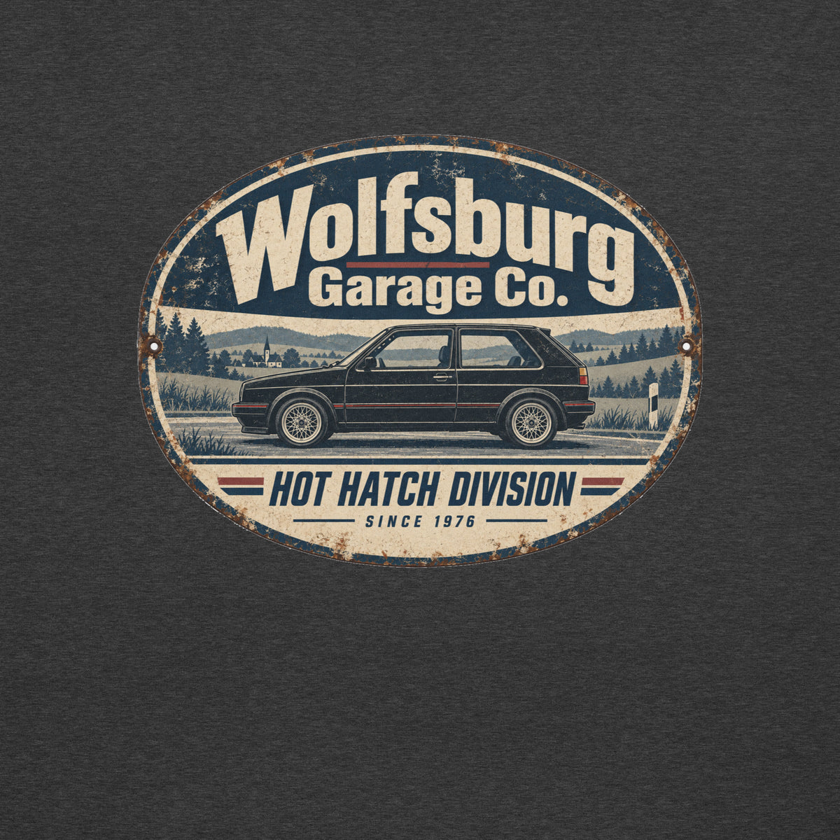 Additional back view of Dark Grey Heather Wolfsburg Garage Co. hot hatch graphic T-shirt