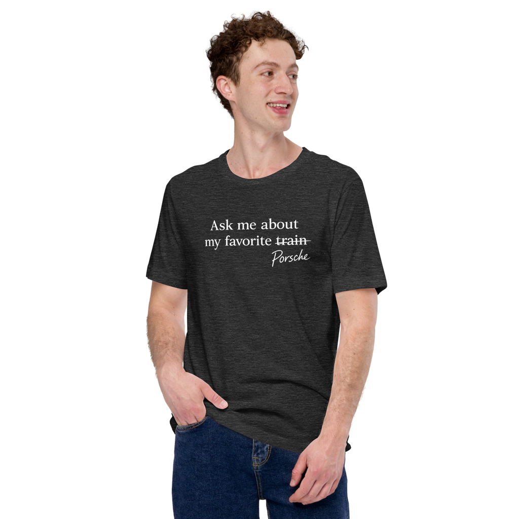 Man wearing black Bella + Canvas 3001 Porsche humor T-shirt with front graphic