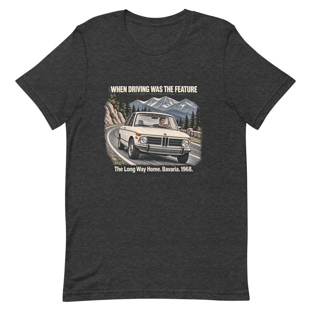 Dark Grey Heather BMW 2002 T-shirt with vintage Bavarian driving artwork