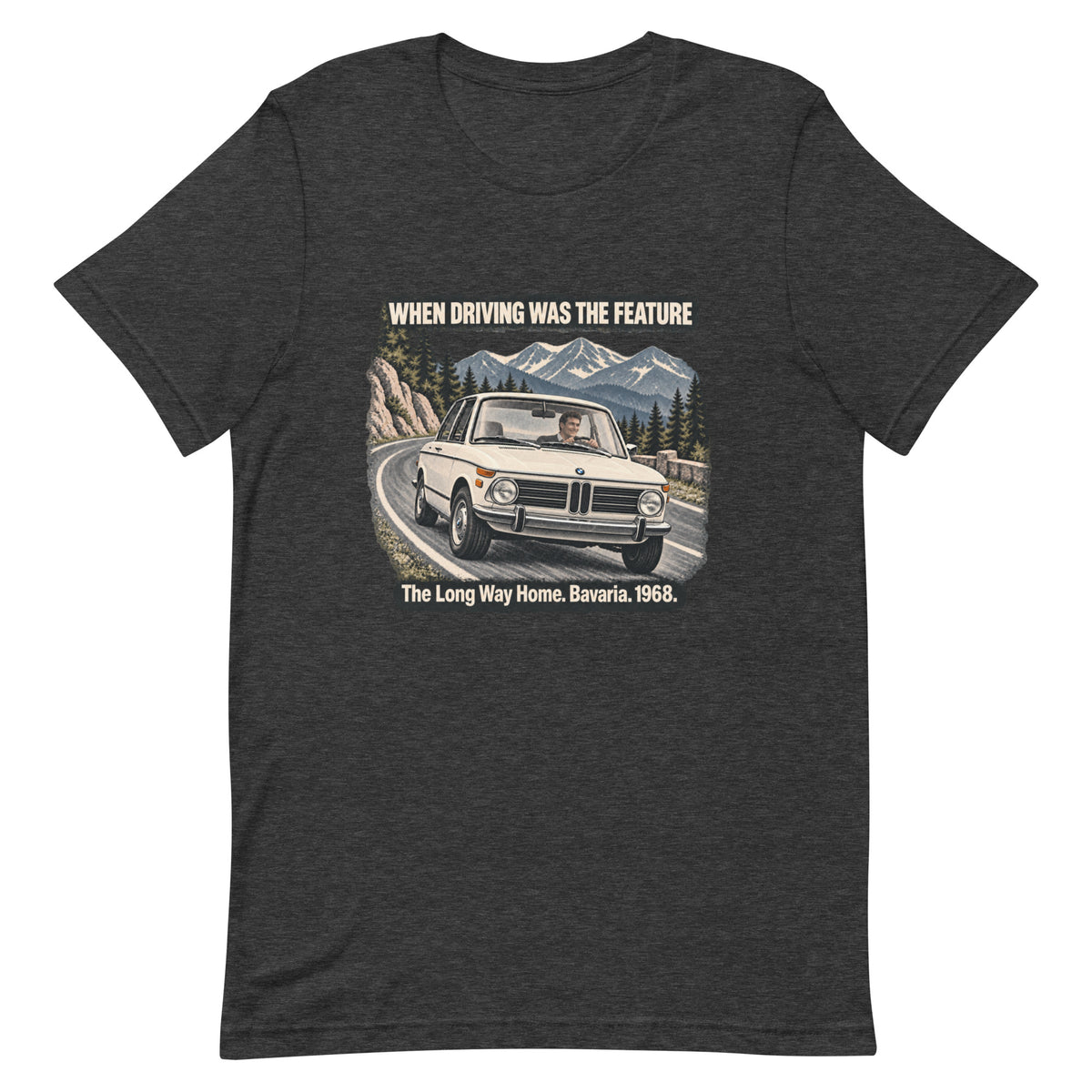 Dark Grey Heather BMW 2002 T-shirt with vintage Bavarian driving artwork