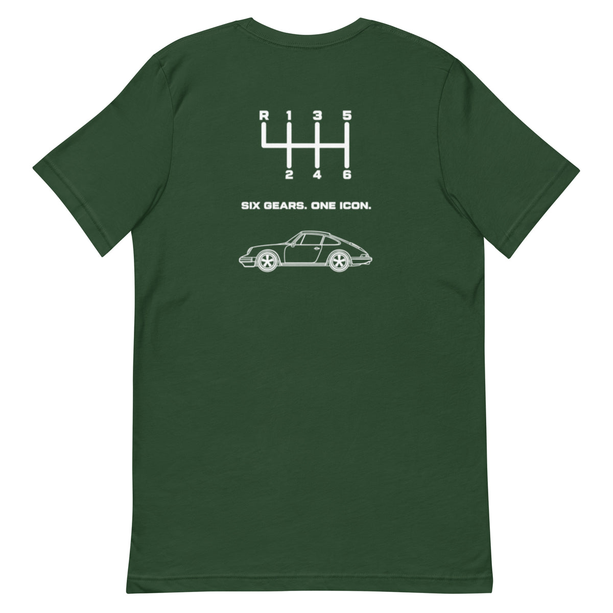 Forest green Porsche 911 T-shirt with six-speed shift pattern and classic 911 silhouette