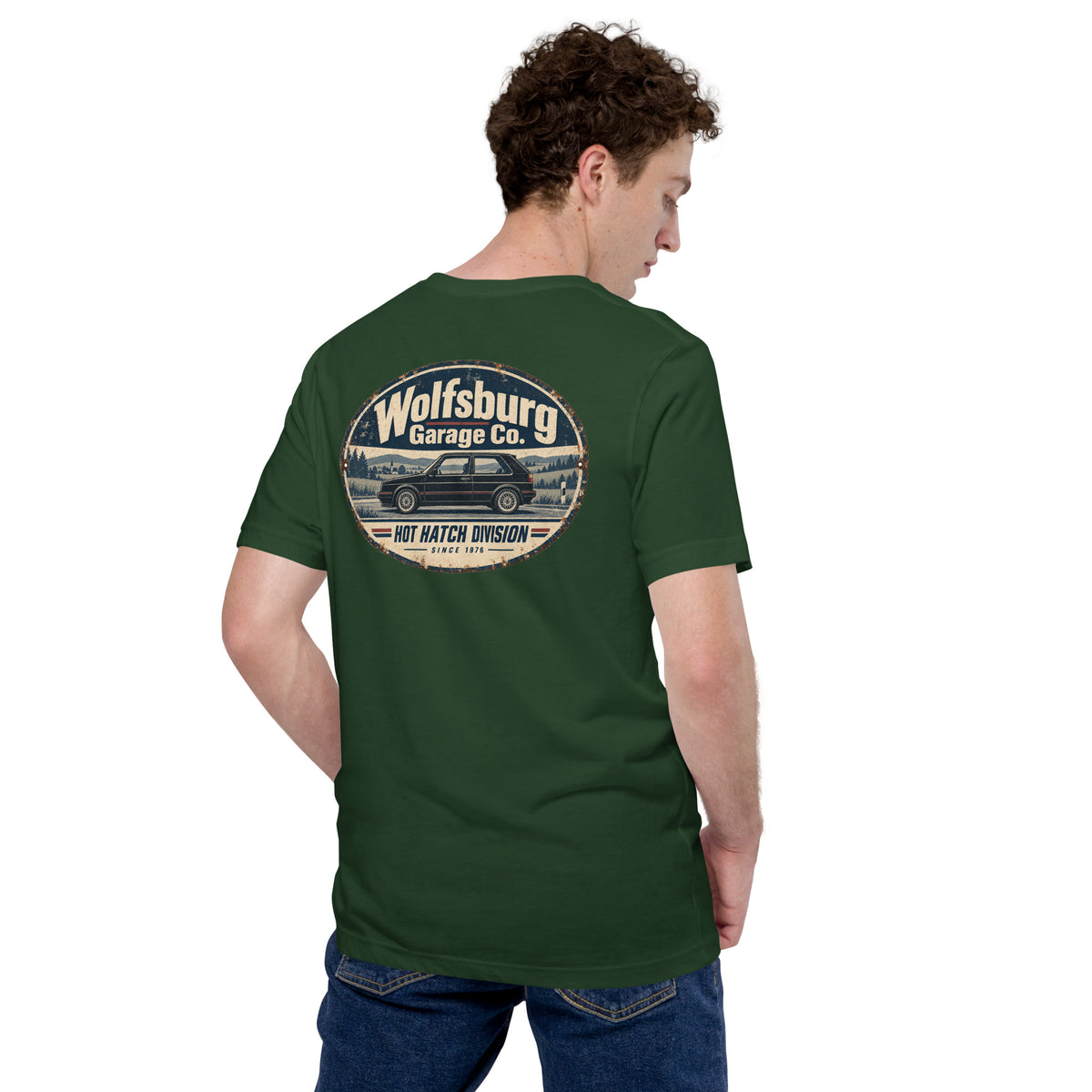 Back view of Forest Wolfsburg Garage Co. vintage hot hatch T-shirt showing the oval Hot Hatch Division graphic