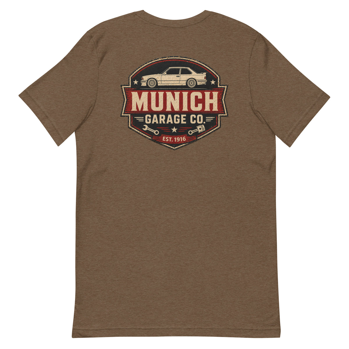 Back-view flat lay of brown Munich Garage Co. T-shirt with large vintage-inspired rear print.