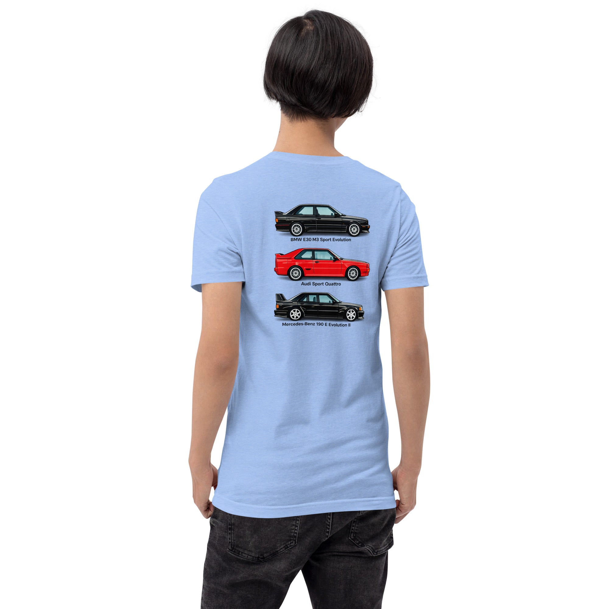Model wearing Heather Carolina Blue German Motorsport Legends T-shirt with automotive back print