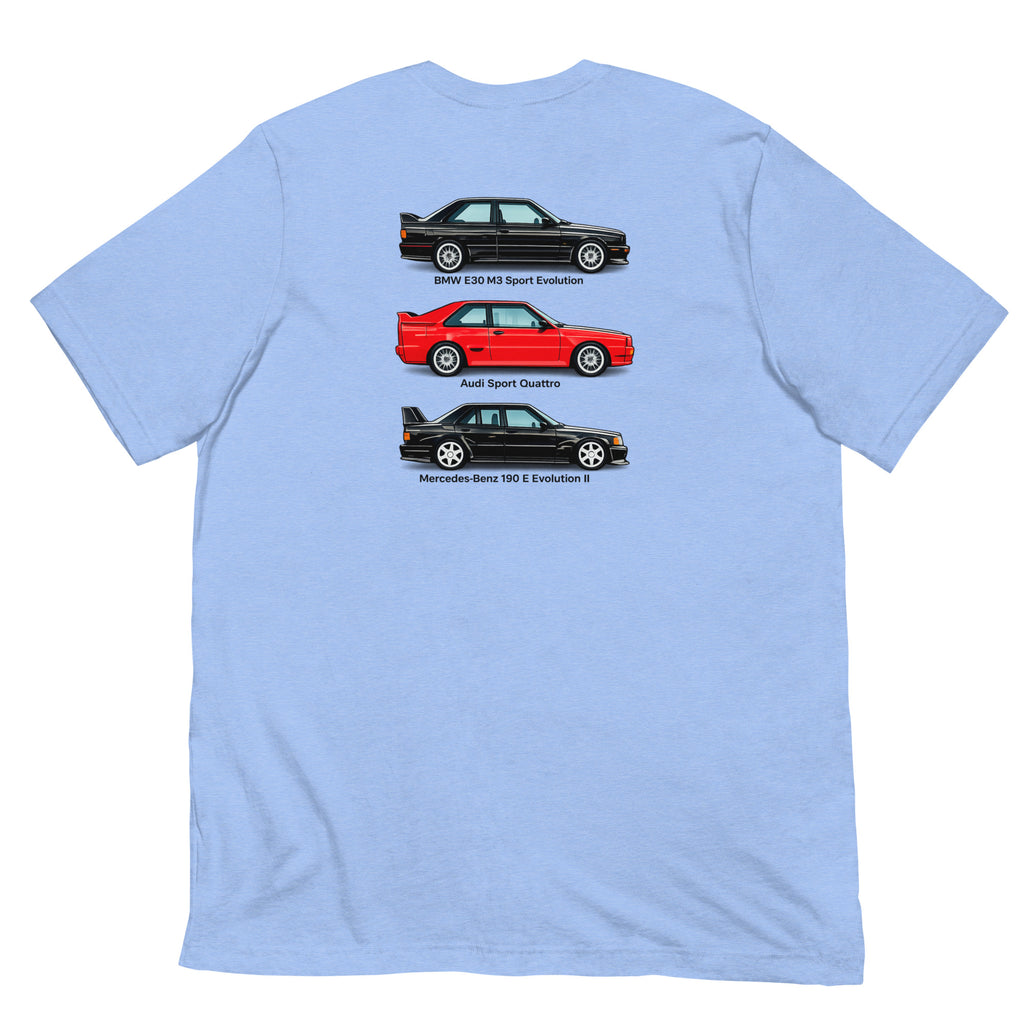 Heather Carolina Blue German Motorsport Legends T-shirt with three-car back graphic