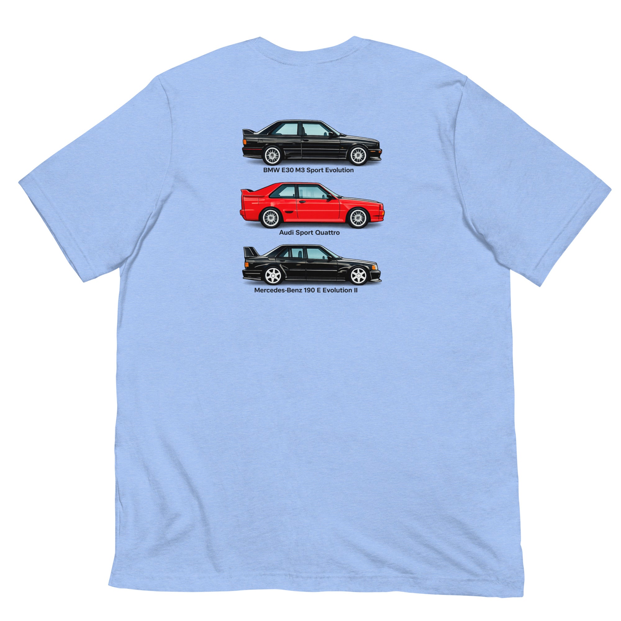 Heather Carolina Blue German Motorsport Legends T-shirt with three-car back graphic