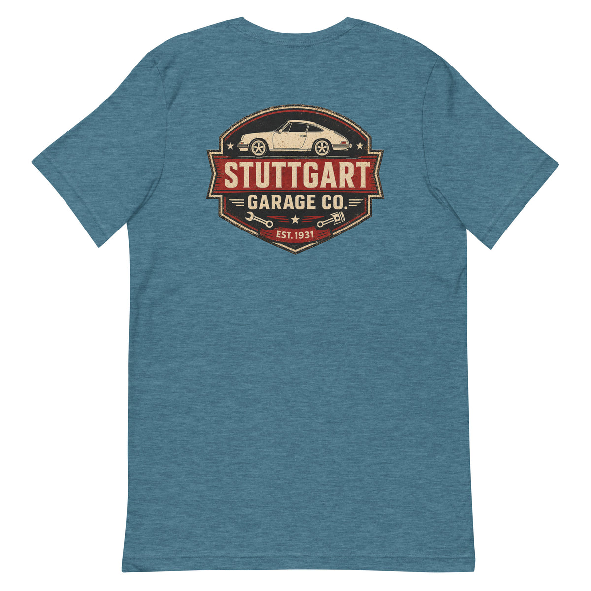 Heather Deep Teal Stuttgart Garage Co. T-shirt showing the vintage back print