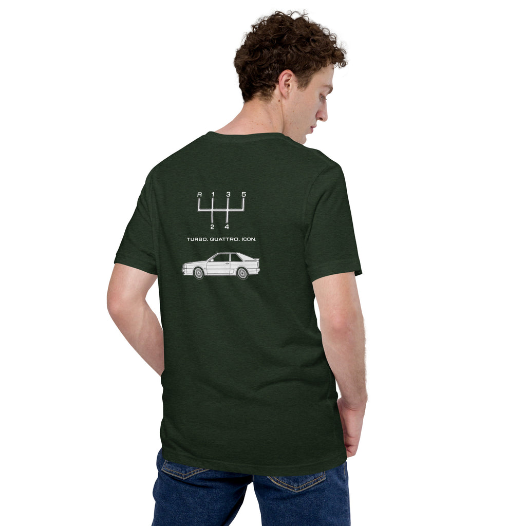 Model wearing Heather Emerald Audi Quattro T-shirt showing Turbo Quattro Icon back graphic