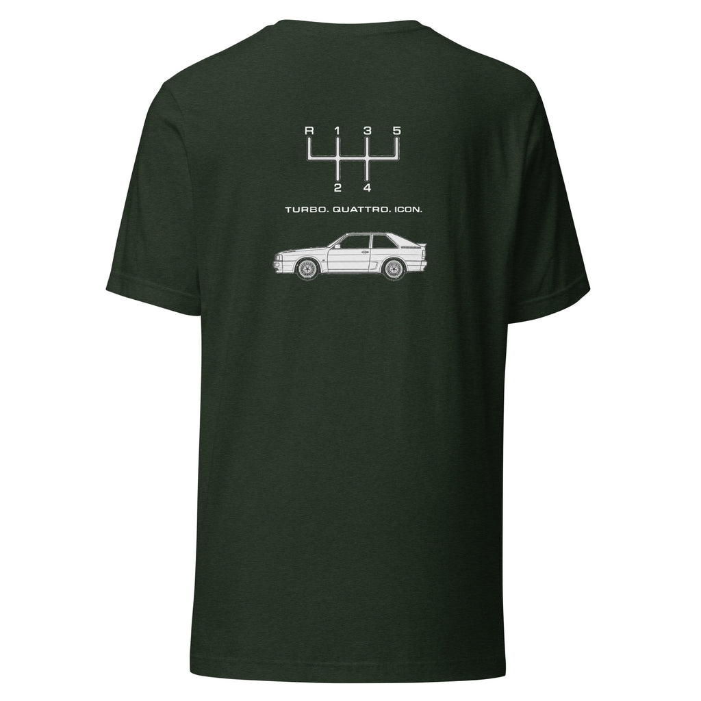 Heather Emerald Audi Quattro T-shirt with classic Quattro silhouette and manual transmission back graphic