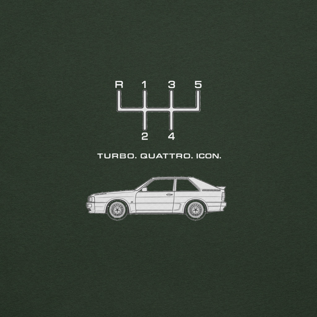 Close-up of Heather Emerald Audi Quattro T-shirt back graphic with Quattro silhouette and Turbo Quattro Icon design