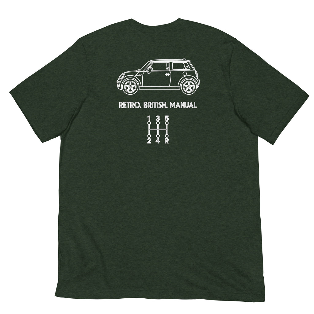 Dark green Mini Cooper manual T-shirt with white manual transmission back print