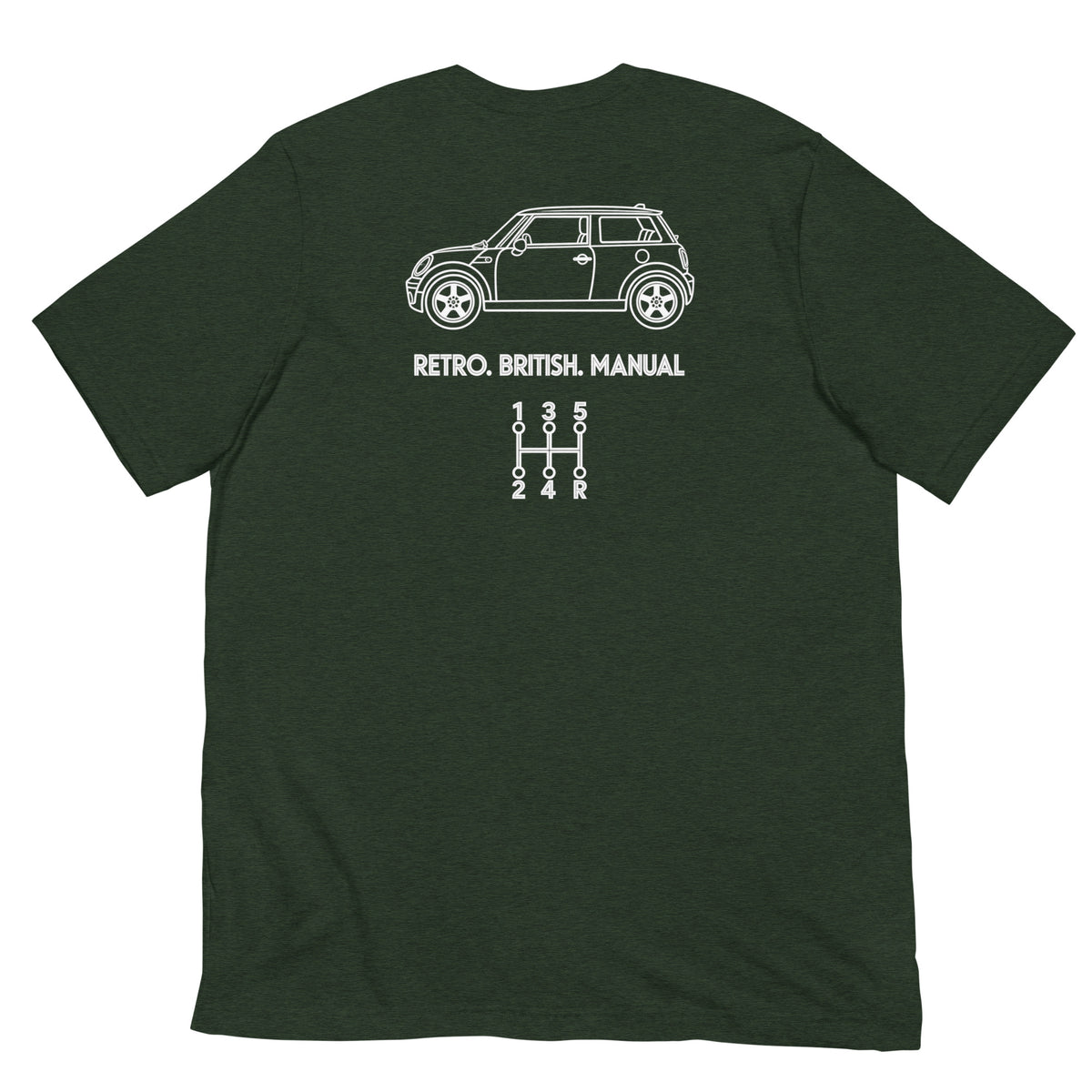 Dark green Mini Cooper manual T-shirt with white manual transmission back print