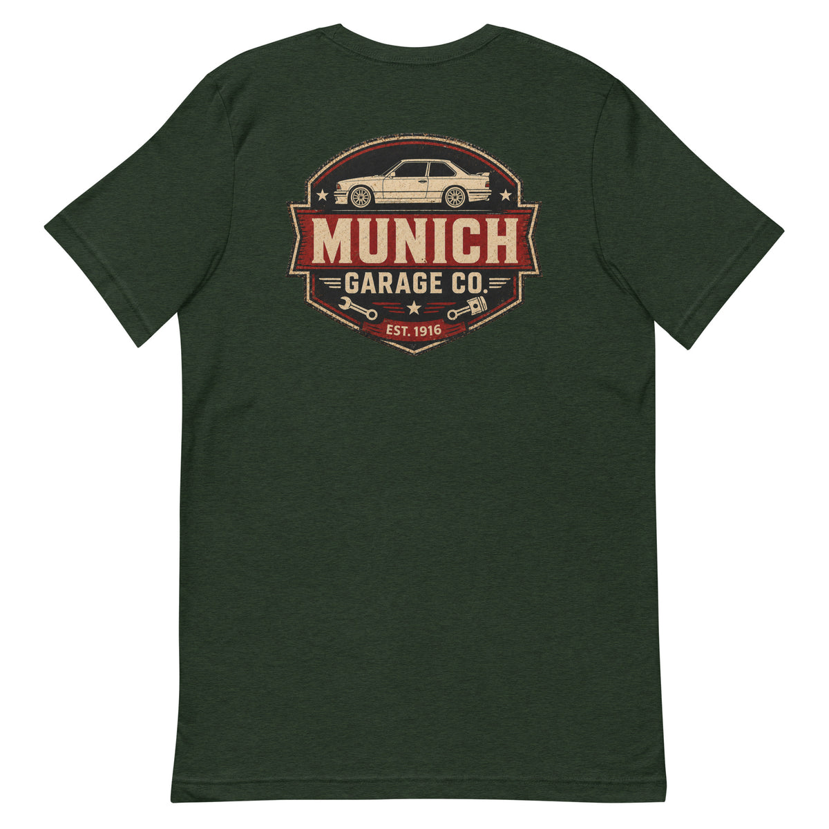 Back-view flat lay of forest green Munich Garage Co. T-shirt with large vintage-inspired rear print.