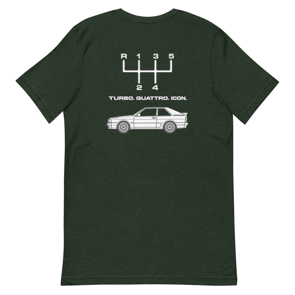 Heather Emerald Audi Quattro Turbo Icon T-shirt showing the white rear graphic with manual shift pattern and classic coupe