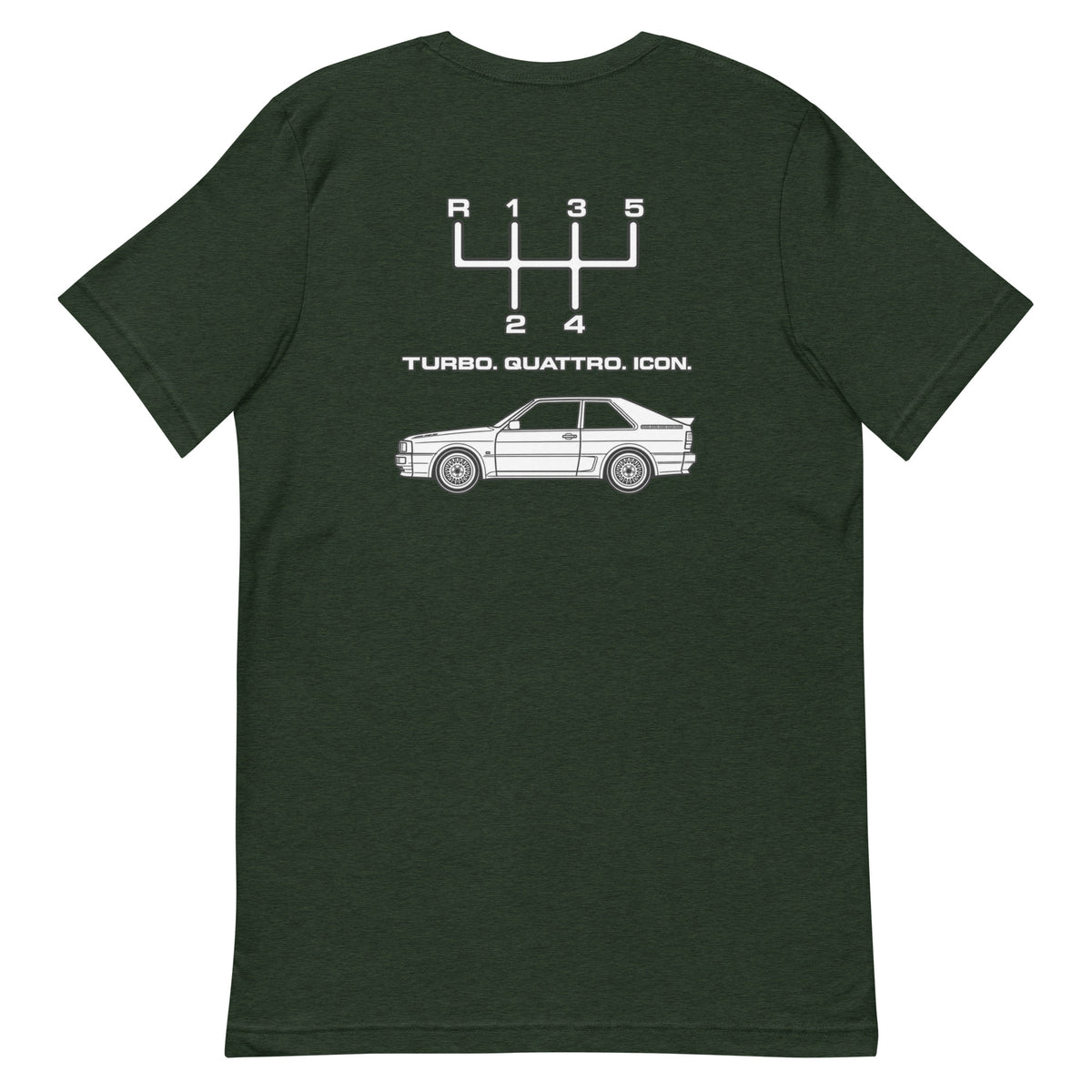 Heather Emerald Audi Quattro Turbo Icon T-shirt showing the white rear graphic with manual shift pattern and classic coupe