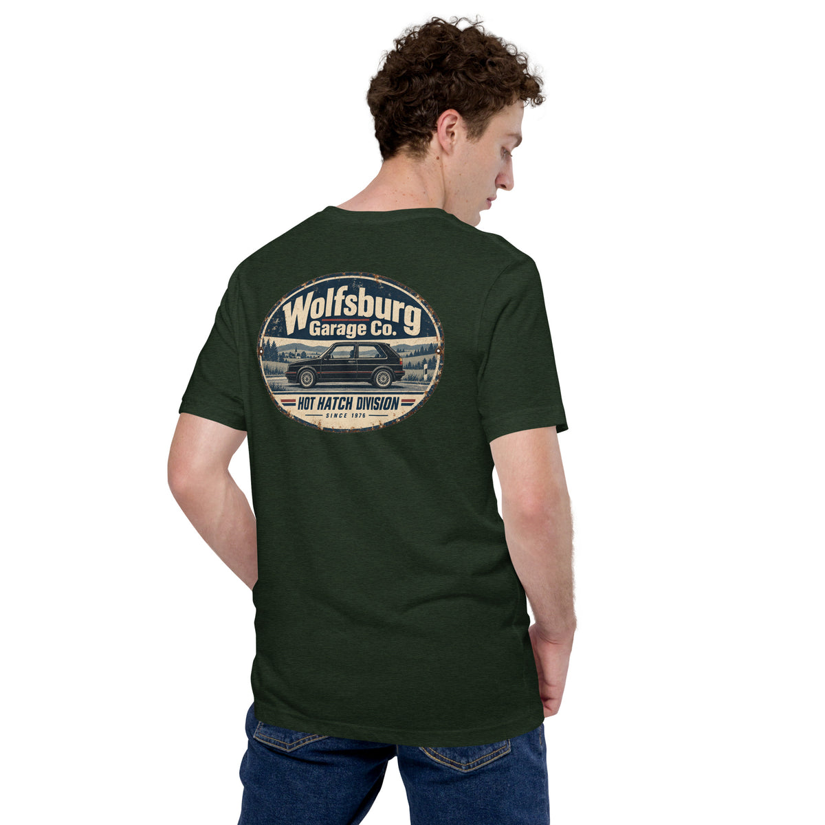 Back view of Heather Emerald Wolfsburg Garage Co. vintage hot hatch T-shirt showing the oval Hot Hatch Division graphic