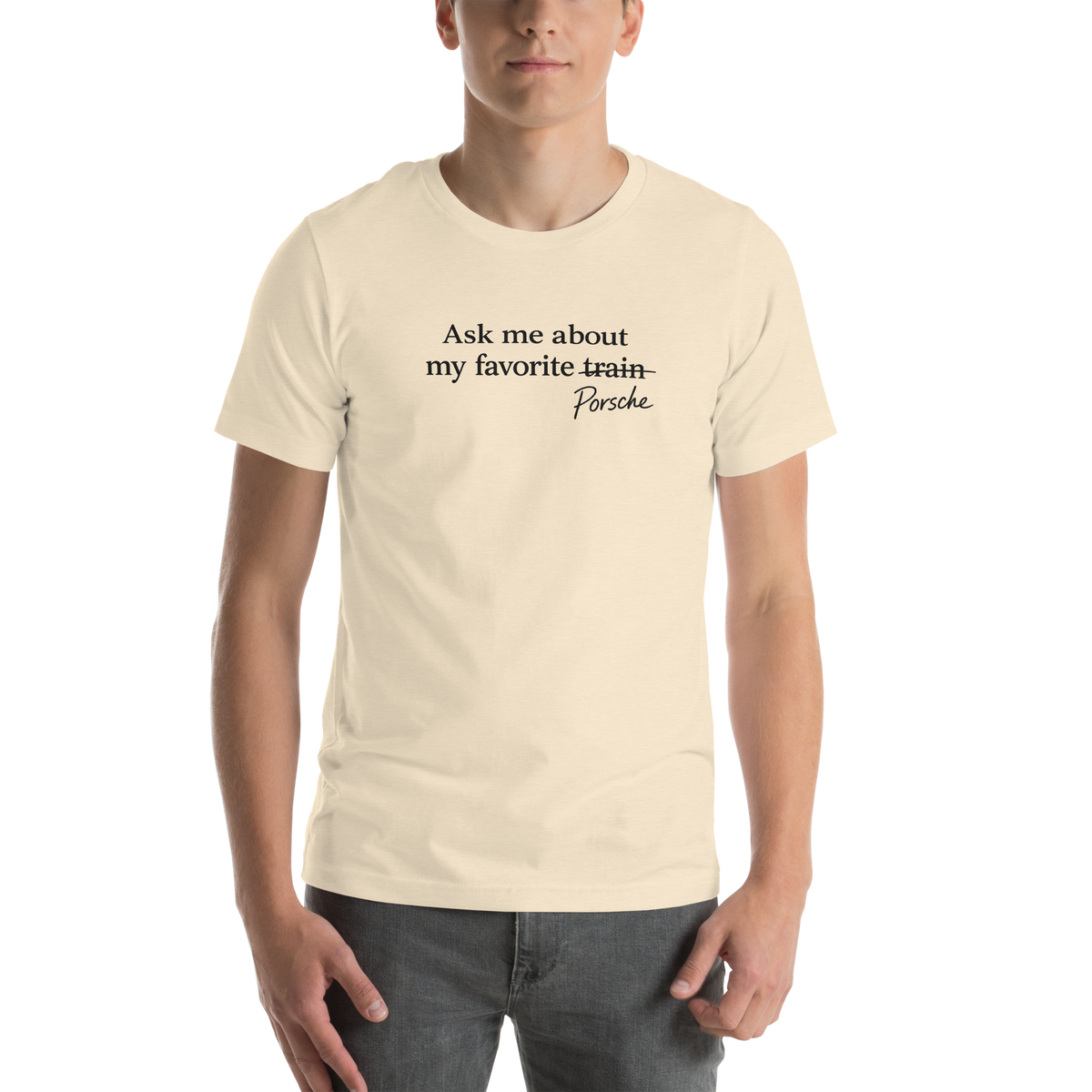 Male model wearing Heather Natural Porsches Not Trains T-shirt