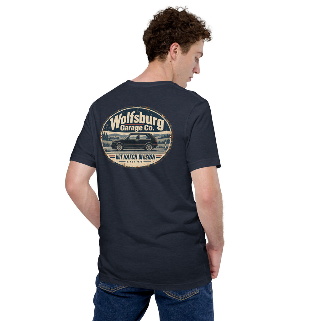 Back view of Heather Navy Wolfsburg Garage Co. vintage hot hatch T-shirt showing the oval Hot Hatch Division graphic