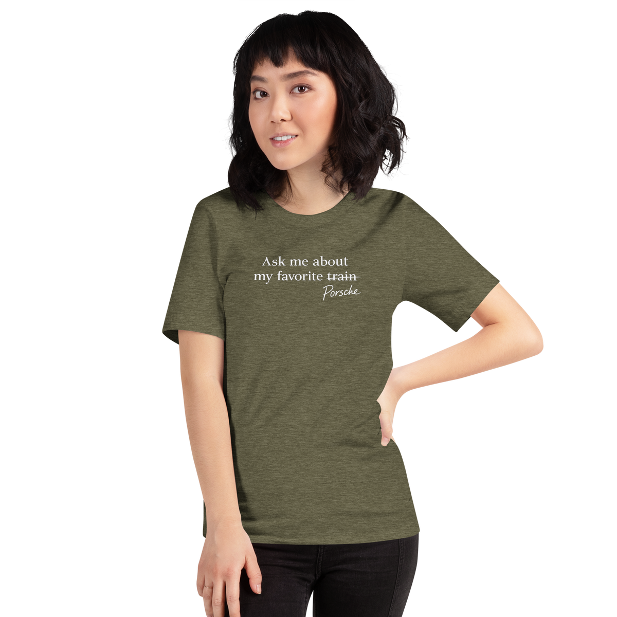 Woman wearing olive Bella + Canvas 3001 Porsche humor T-shirt with front graphic