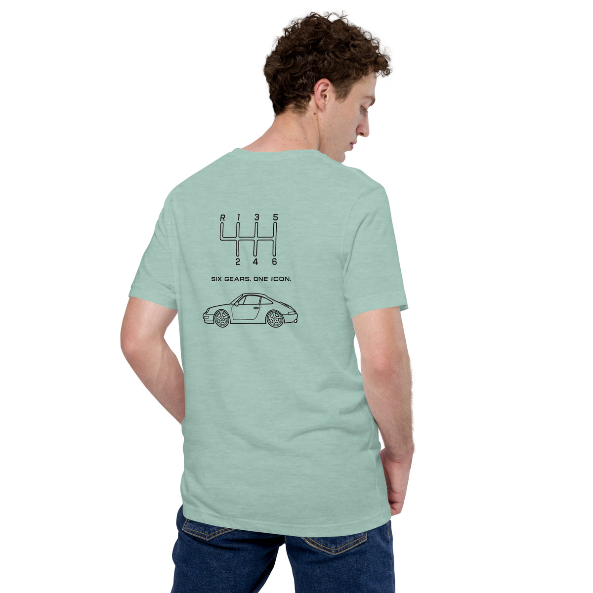 Heather Prism Dusty Blue classic 911 T-shirt with six-speed and sports car back print