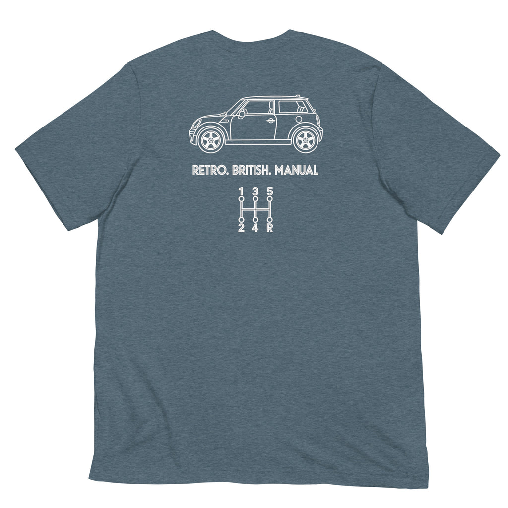 Heather blue Mini Cooper manual T-shirt with white car silhouette and 5-speed shift pattern