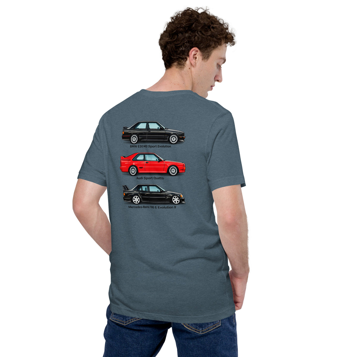 Heather Slate German Motorsport Legends T-shirt rear view with three-car motorsport design