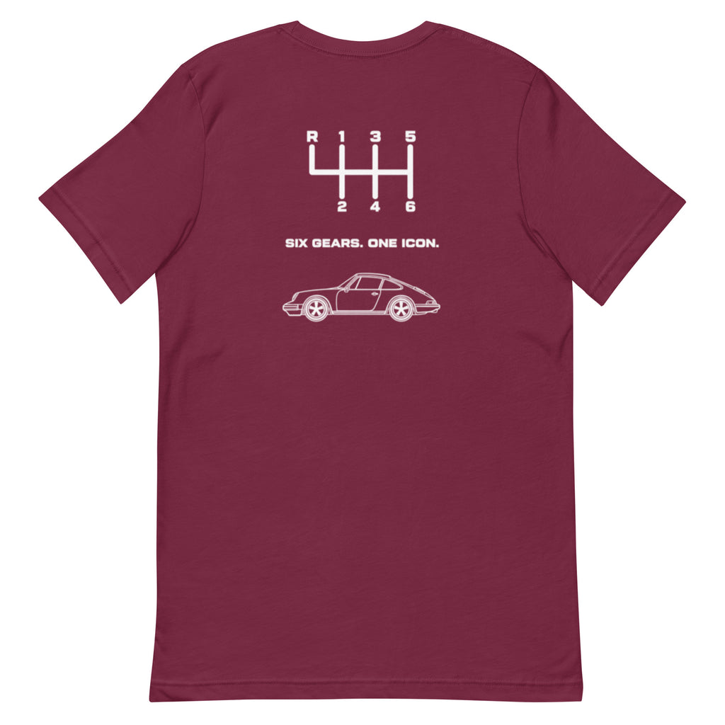 Maroon Porsche 911 manual transmission T-shirt with Six Gears One Icon back print