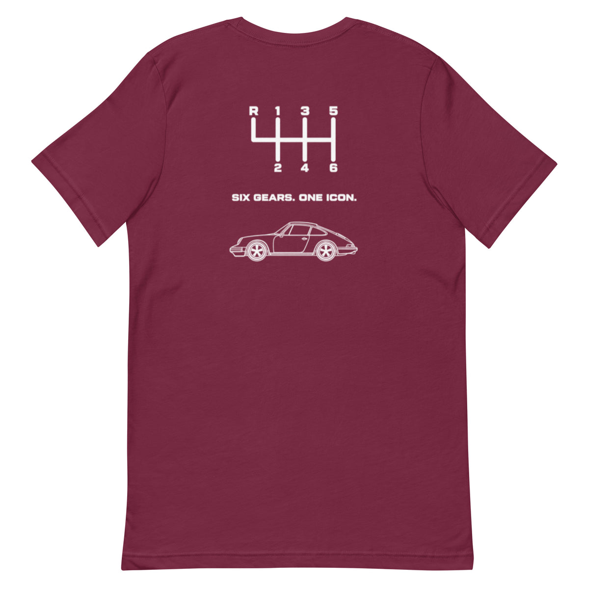Maroon Porsche 911 manual transmission T-shirt with Six Gears One Icon back print