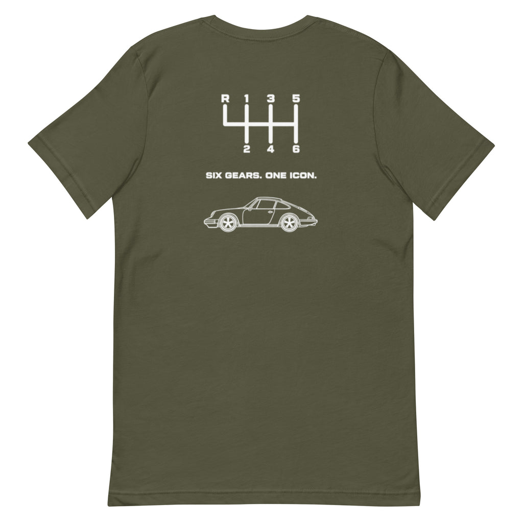 Olive Porsche 911 enthusiast T-shirt with white manual transmission back graphic