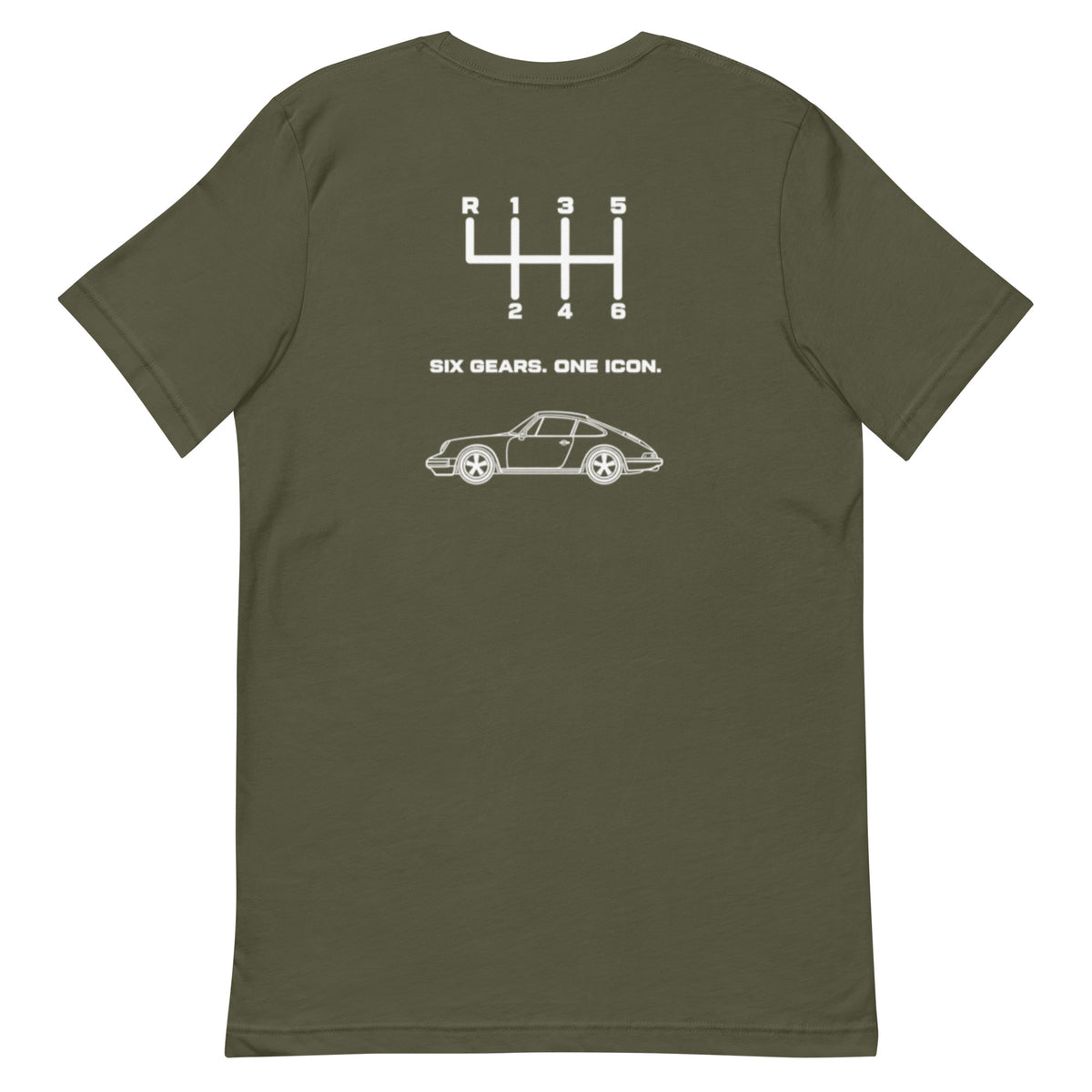Olive Porsche 911 enthusiast T-shirt with white manual transmission back graphic