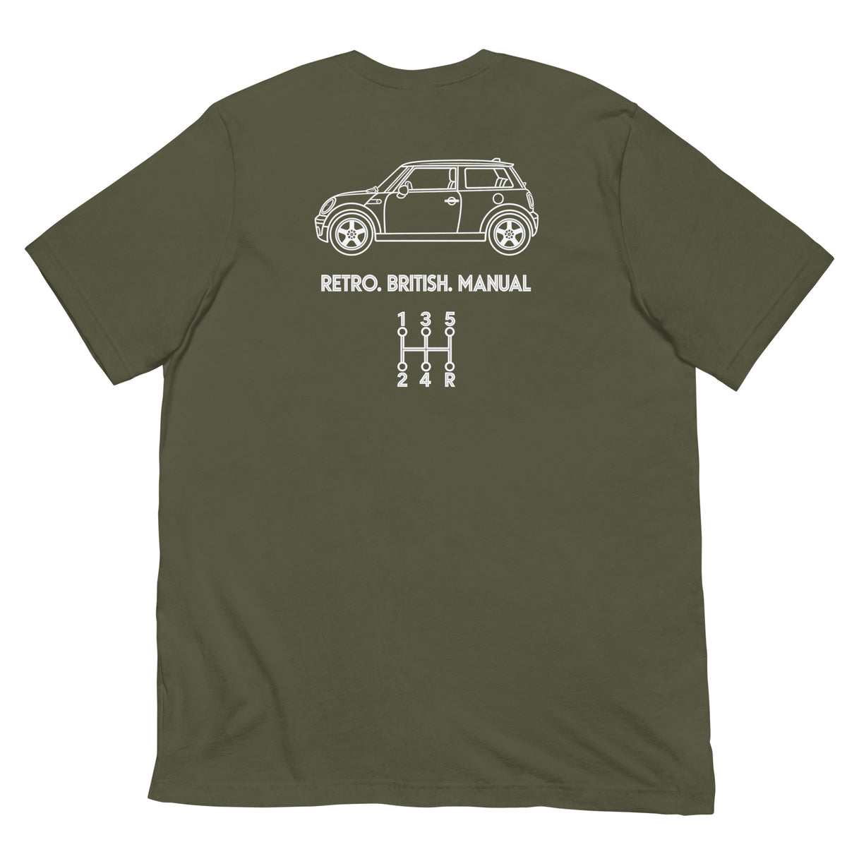 Military green Mini Cooper manual T-shirt with white car silhouette and shift pattern