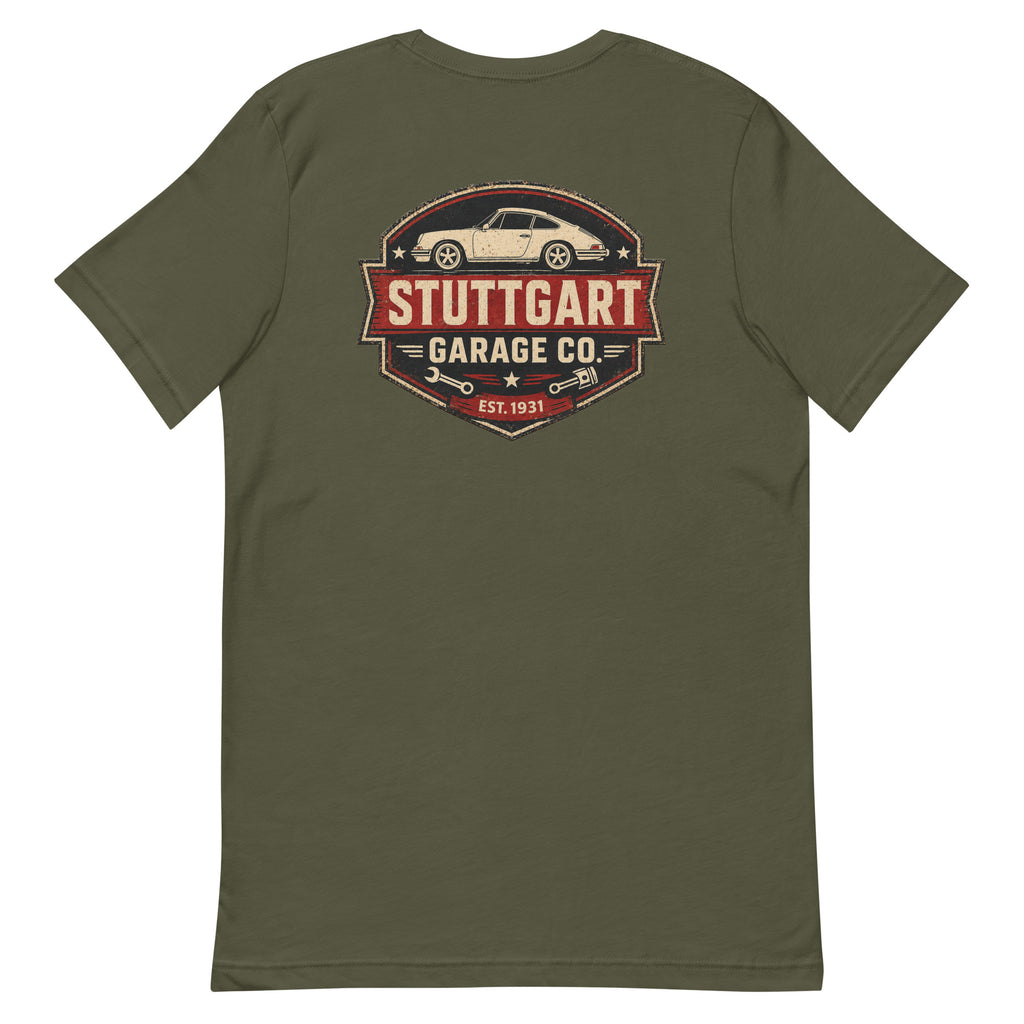 Military Green Stuttgart Garage Co. T-shirt showing the vintage back print