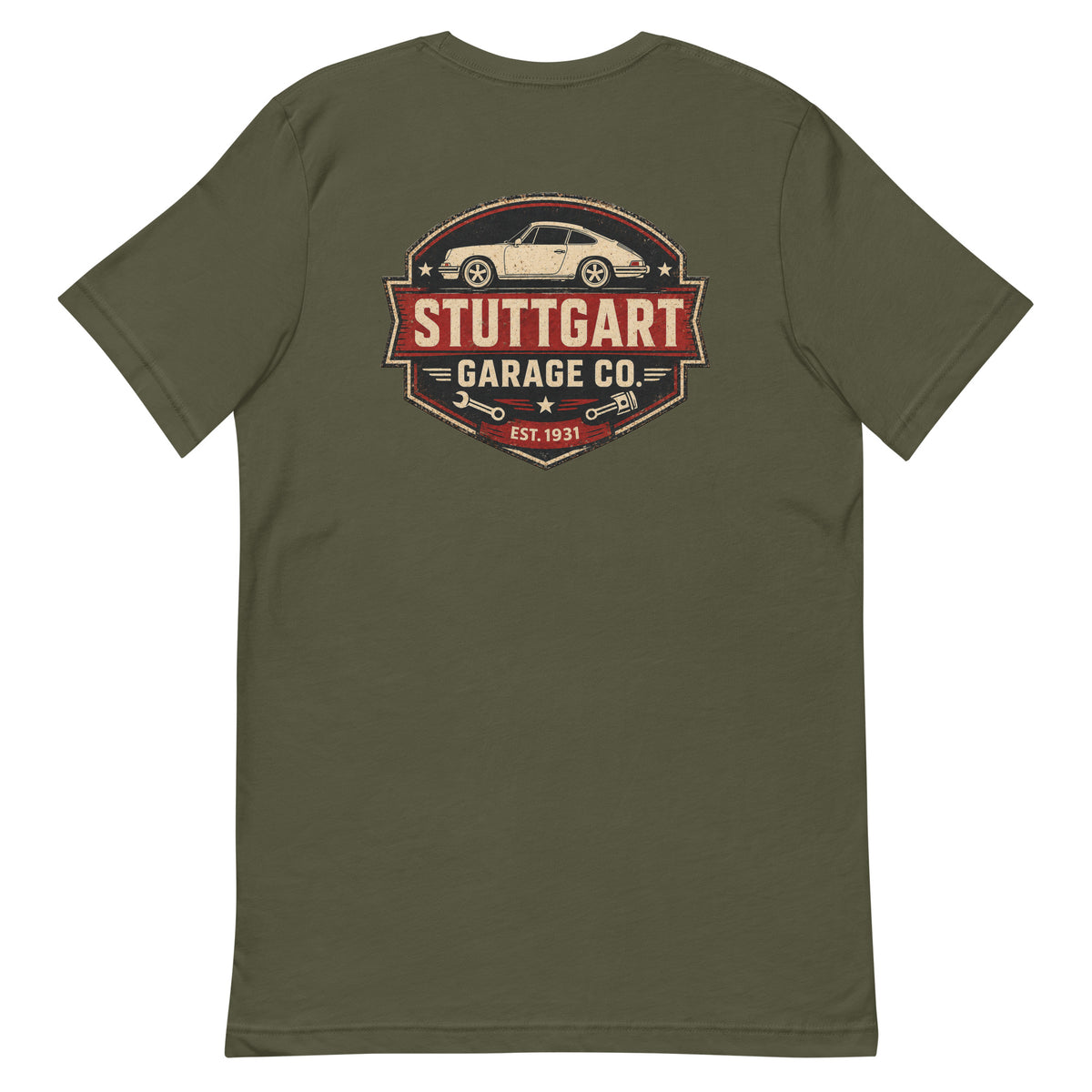 Military Green Stuttgart Garage Co. T-shirt showing the vintage back print