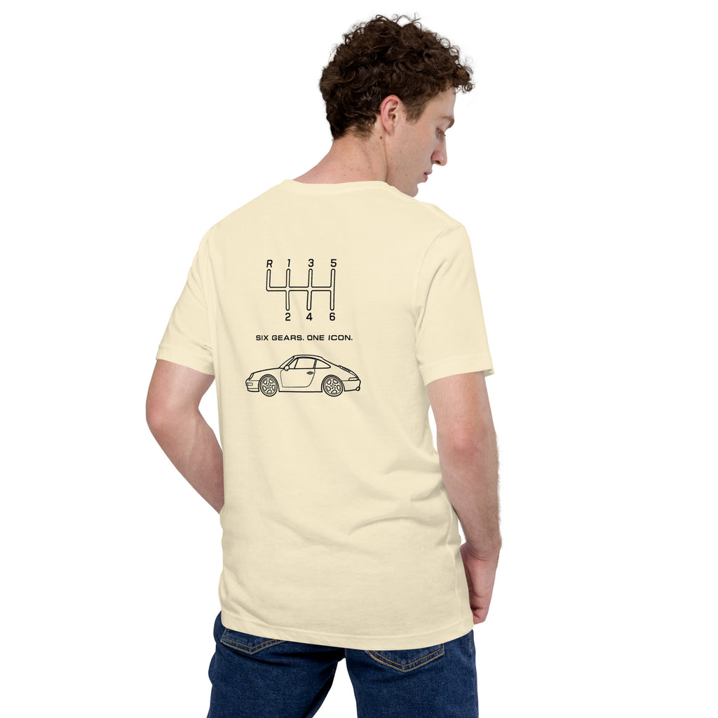 Natural classic 911 T-shirt showing black Six Gears One Icon back print