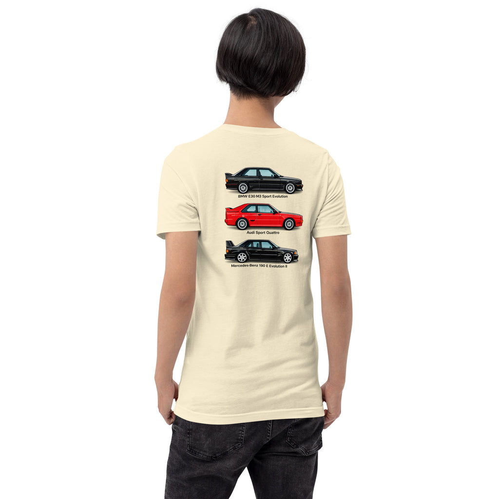 Rear view of model wearing Natural German Motorsport Legends T-shirt with three-car back print