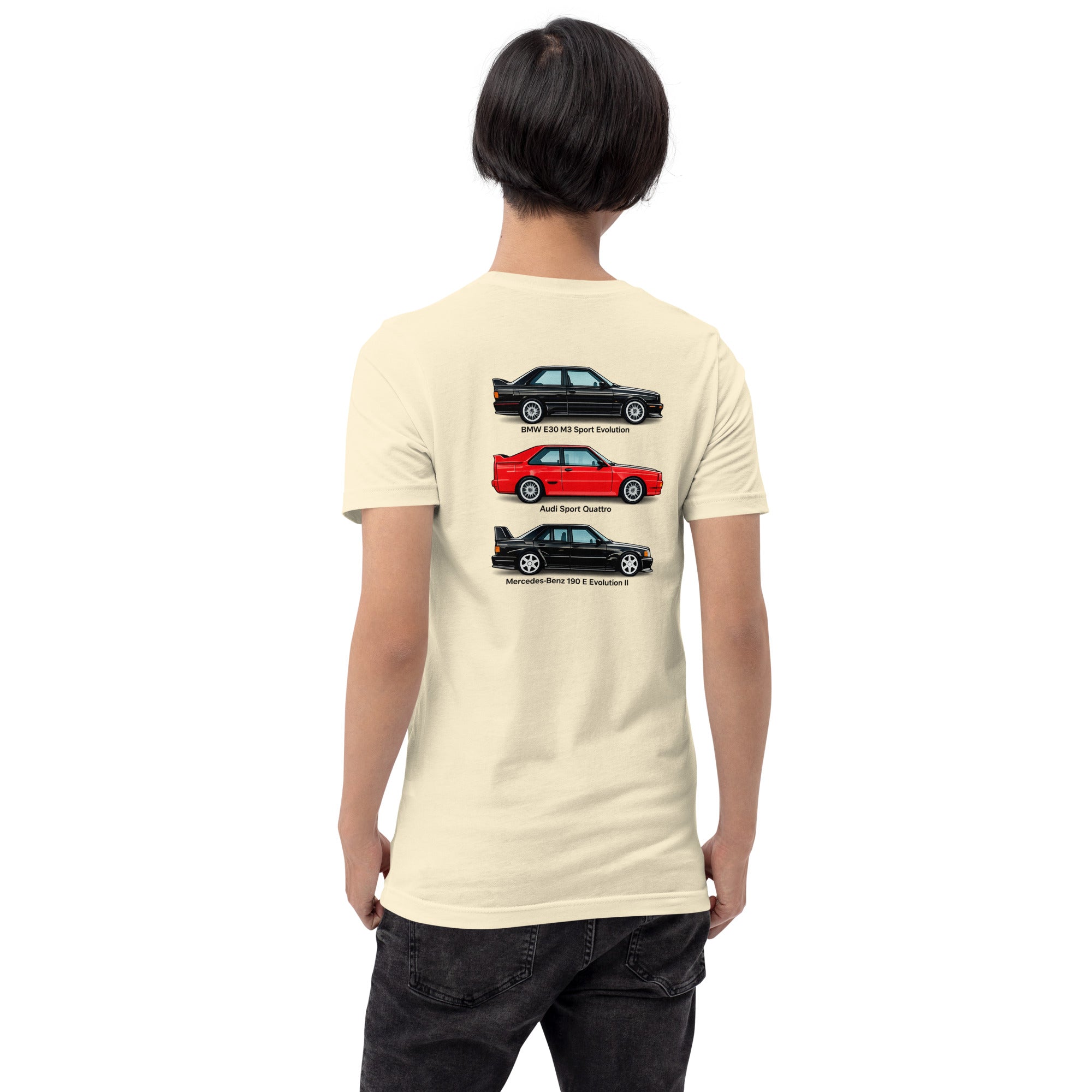 Rear view of model wearing Natural German Motorsport Legends T-shirt with three-car back print